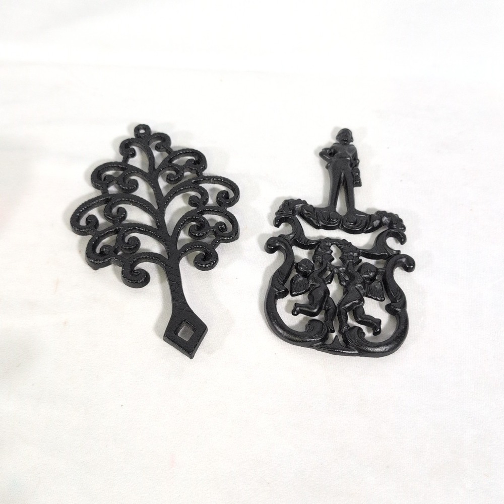 1950s Cupid & Family Tree Cast Iron Trivets Black w/ Handles